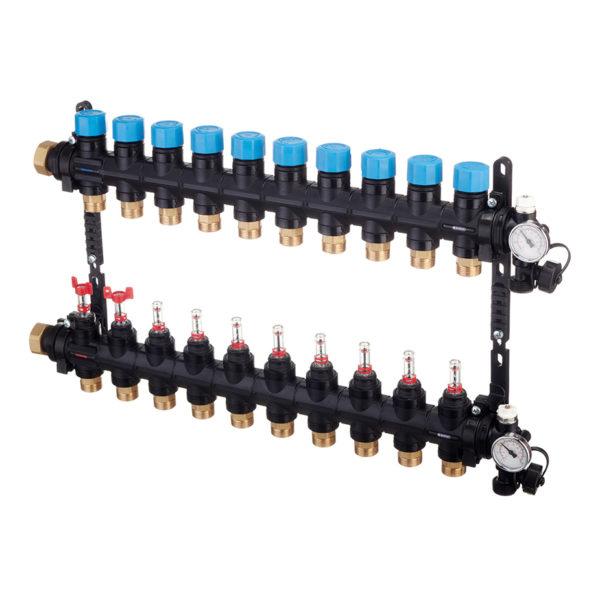 Коллекторная группа Henco (UFH-0605MDK10-03L) 1 ВР(г) х 10 выходов 3/4 НР(ш) ЕК х 1 ВР(г) с расходомерами композитная