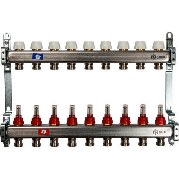 Коллекторная группа Stout (SMS 0917 000009) 1 ВР(г) х 9 выходов 3/4 НР(ш) ЕК х 1 ВР(г) с расходомерами нержавеющая сталь
