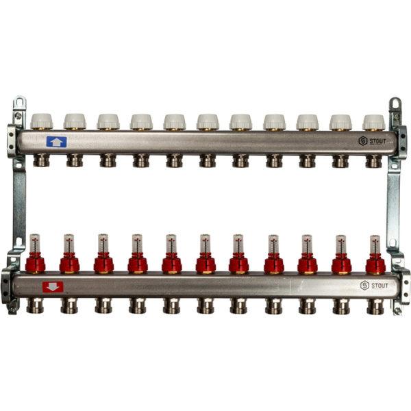 Коллекторная группа Stout (SMS 0917 000011) 1 ВР(г) х 11 выходов 3/4 НР(ш) ЕК х 1 ВР(г) с расходомерами нержавеющая сталь