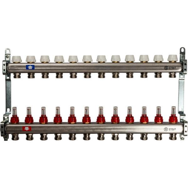 Коллекторная группа Stout (SMS 0917 000012) 1 ВР(г) х 12 выходов 3/4 НР(ш) ЕК х 1 ВР(г) с расходомерами нержавеющая сталь Коллекторная группа Stout (SMS 0917 000012) 1 ВР(г) х 12 выходов 3/4 НР(ш) ЕК х 1 ВР(г) с расходомерами нержавеющая сталь