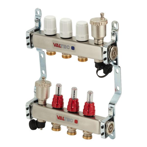 Коллекторная группа VALTEC (VTc.586.EMNX.0603) 1 ВР(г) х 3 выхода 3/4 НР(ш) ЕК х 1 ВР(г) со встроенными расходомерами в сборе нержавеющая сталь