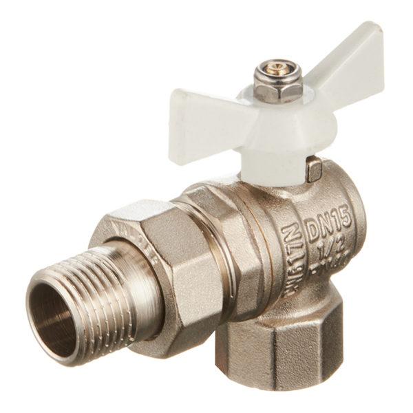 Кран шаровой латунный VALTEC Base (VT.228.NW.04) 1/2 ВР(г) х 1/2 НР(ш) бабочка с полусгоном угловой