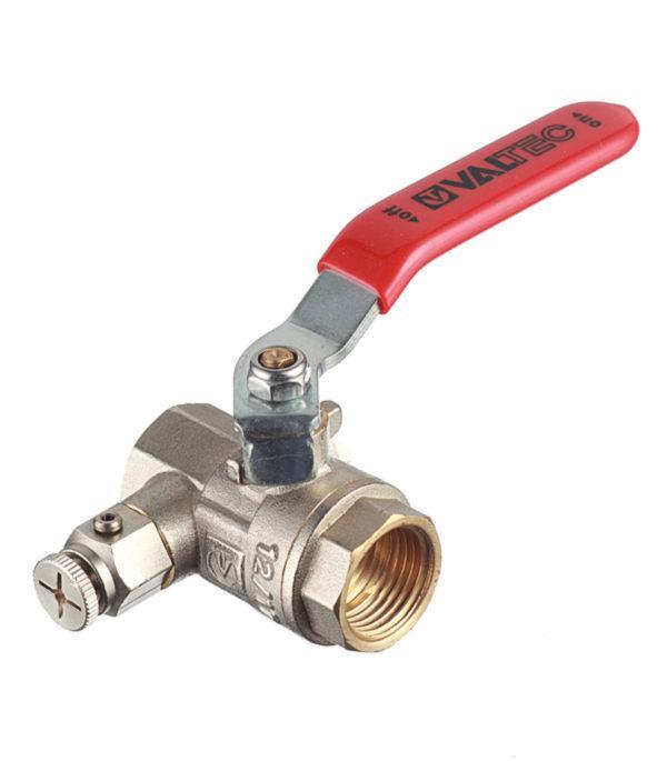 Кран шаровой латунный VALTEC Base (VT.245.N.04) 1/2 ВР(г) х 1/2 ВР(г) ручка с дренажом и воздухоотводчиком прямой