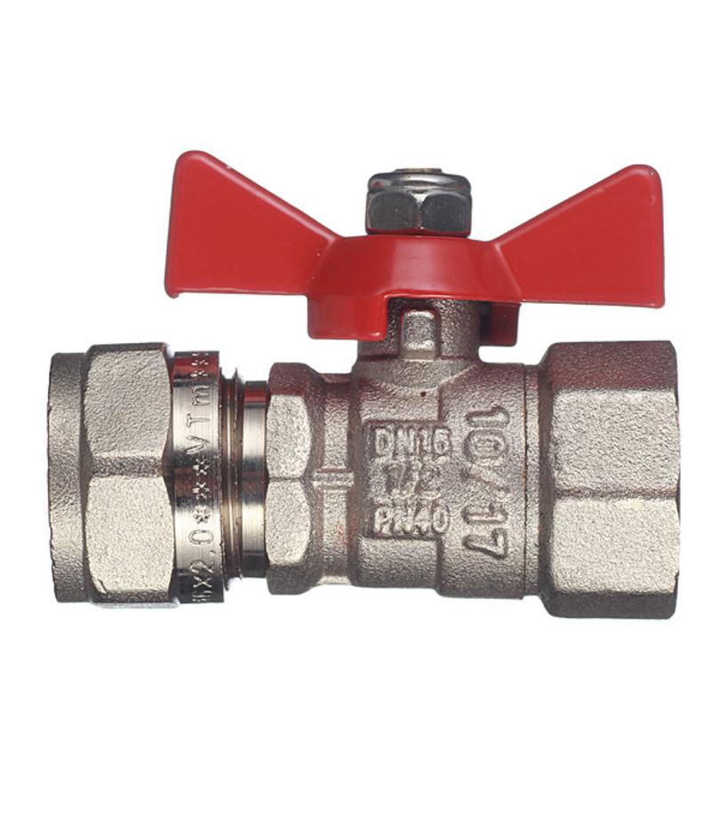 Кран шаровой латунный VALTEC (VT.342.N.1604) 16 обж(ц) х 1/2 ВР(г) для металлопластиковых труб бабочка прямой Кран шаровой латунный VALTEC (VT.342.N.1604) 16 обж(ц) х 1/2 ВР(г) для металлопластиковых труб бабочка прямой