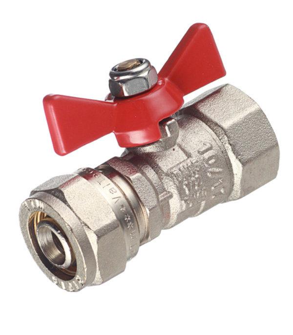 Кран шаровой латунный VALTEC (VT.342.N.1604) 16 обж(ц) х 1/2 ВР(г) для металлопластиковых труб бабочка прямой Кран шаровой латунный VALTEC (VT.342.N.1604) 16 обж(ц) х 1/2 ВР(г) для металлопластиковых труб бабочка прямой