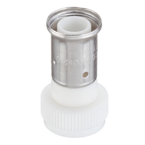 Муфта с накидной гайкой Henco (26PKW-2005) 20(пресс) х 3/4 ВР(г) белая PVDF